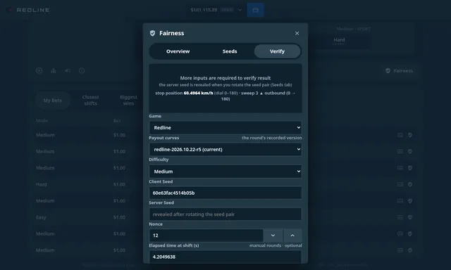 Verify any round: The Fairness panel recomputes a round from its seeds.